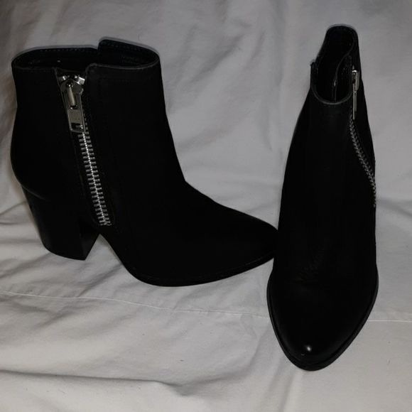 Shoemint Black Leather Moto Boot Silver Zipper 6 - Picture 2 of 7
